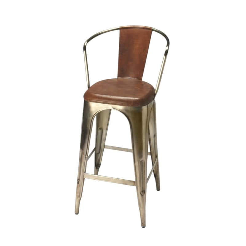 Brown Iron Tall Bar Chair with Gold Frame, Full Back and Footrest - 18” x 21” x 43” (D x W x H)