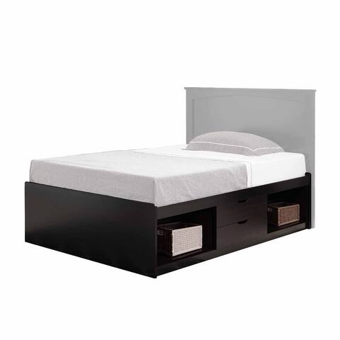 Modern Twin Low Platform Bed, 2 Drawers on Metal Glides, 2 Cubbies, Brown
