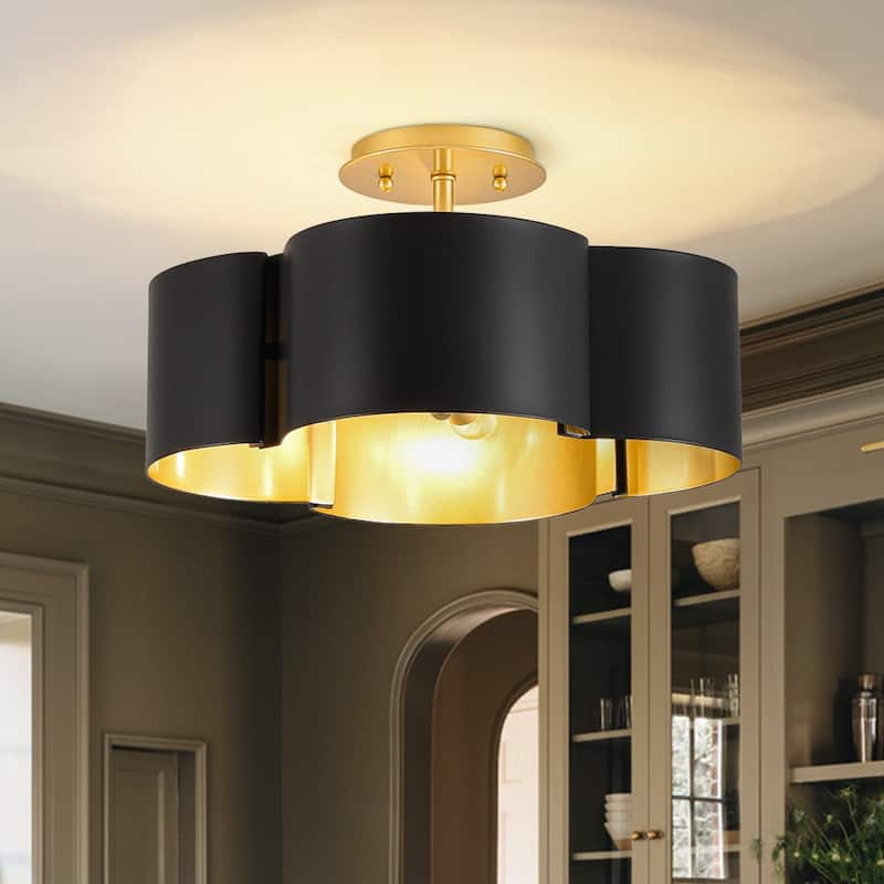 Art Deco 4-Light Black Gold Iron Flower Cage Semi Flush Mount - 14.2 inches