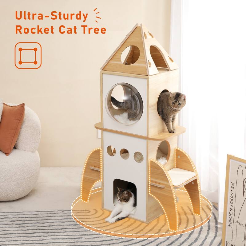Modern Rocket Shape Multi-level Cat Tree with 3 Condos & Dangling Balls