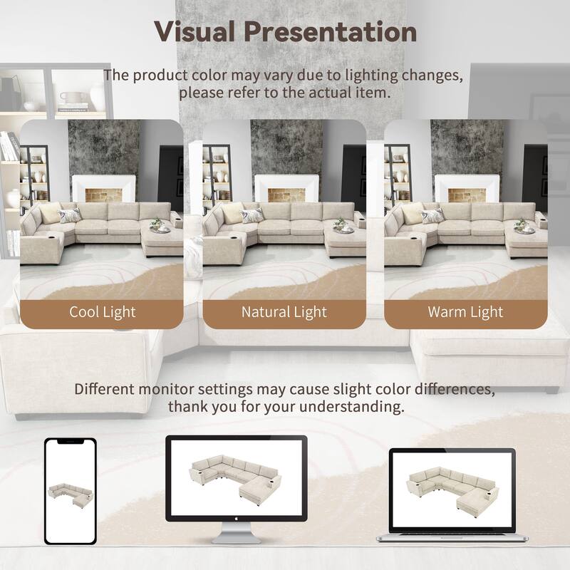 119" U-Shaped Sectional Sofa with Cup Holders, 6 Seat Chenille Corner Couch, Oversized Chaise Lounge