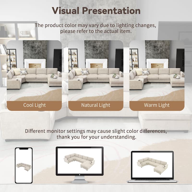 Roomfitters 119" U Shaped Sectional Sofa, 6 Seat Chenille Corner Couch with Deep Wide Seat and Chaise Lounge