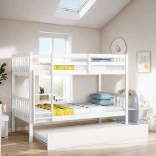 Stylish & Simple Twin Over Twin Bunk Beds with Trundle, Safety Rail and Ladder, Kids/Teens Bedroom, Split Into 2 Beds, White