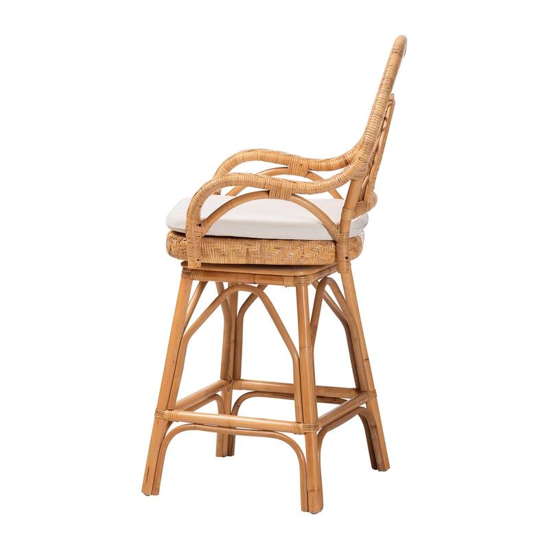 Adam Natural Rattan Counter Stool with Cushion - Handwoven Wicker Swivel Bar Chair for Kitchen Island or Lounge Area