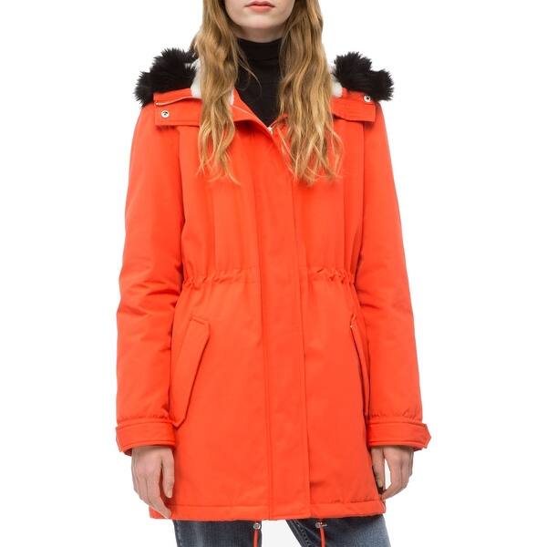 Calvin Klein Orange Womens Size Large L Faux Fur Trim Parka Jacket Overstock