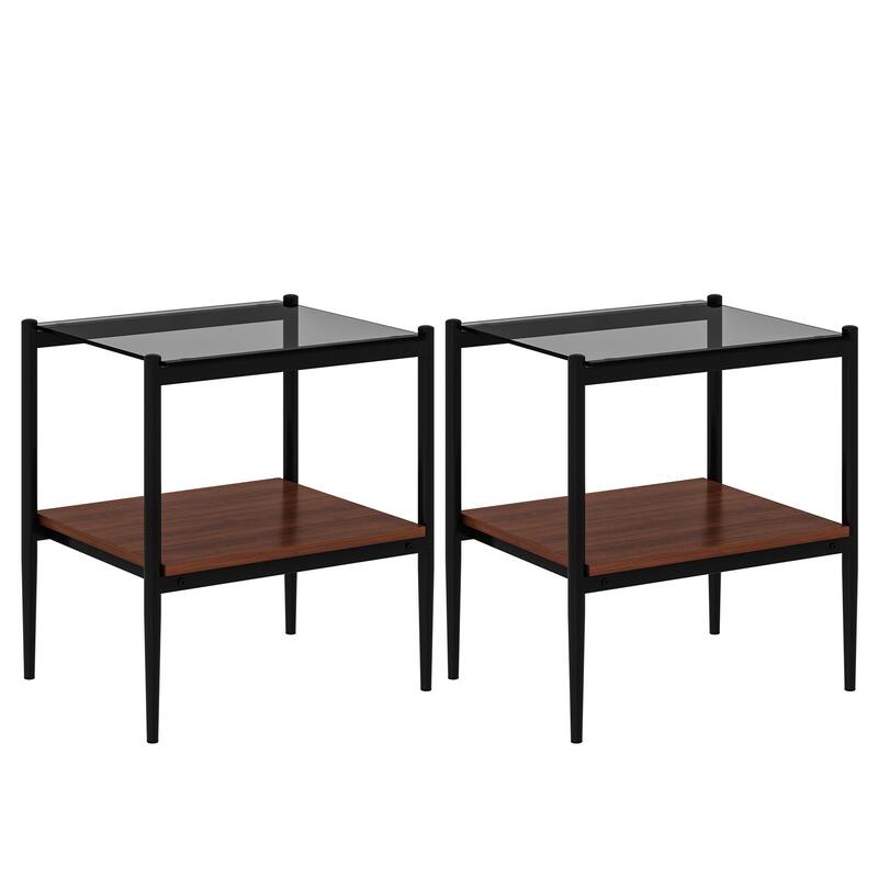 Anmytek Set of 2 Modern Gray Glass Rectangle End Tables Tempered Glass Tabletop Living Room