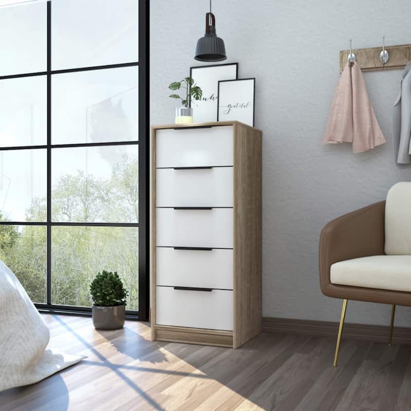 Wood Modern 5 Drawer Dresser Chest with Metal Glides and Handles