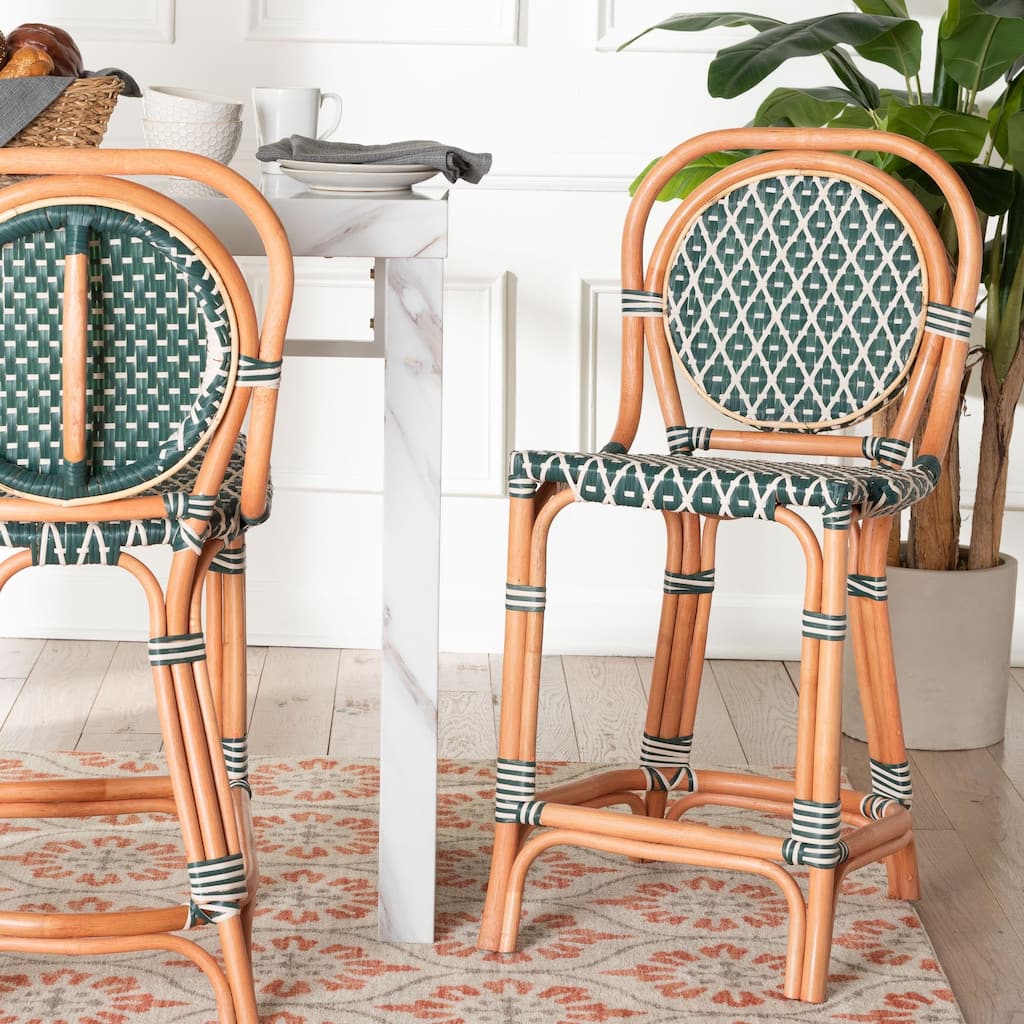 Mattie Rattan Bistro Counter Stool - Handwoven Accent Seating with Backrest for Kitchen Island or Indoor/Outdoor Lounge