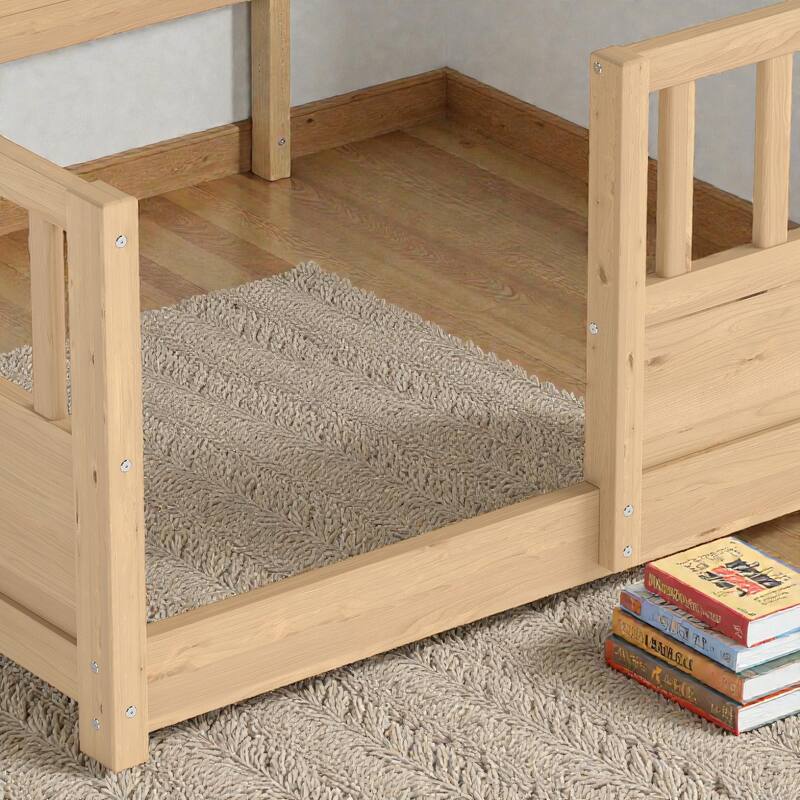 Wooden Floor Bed with Fence Guardrails, Montessori Style Kids Bed Frame with Side Storage Design