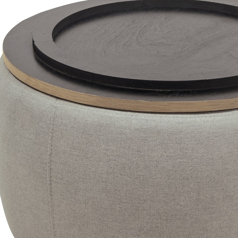 HomeRoots 26" Gray and Natural Fabric And Wood Reversible Tray Top Round Storage Ottoman