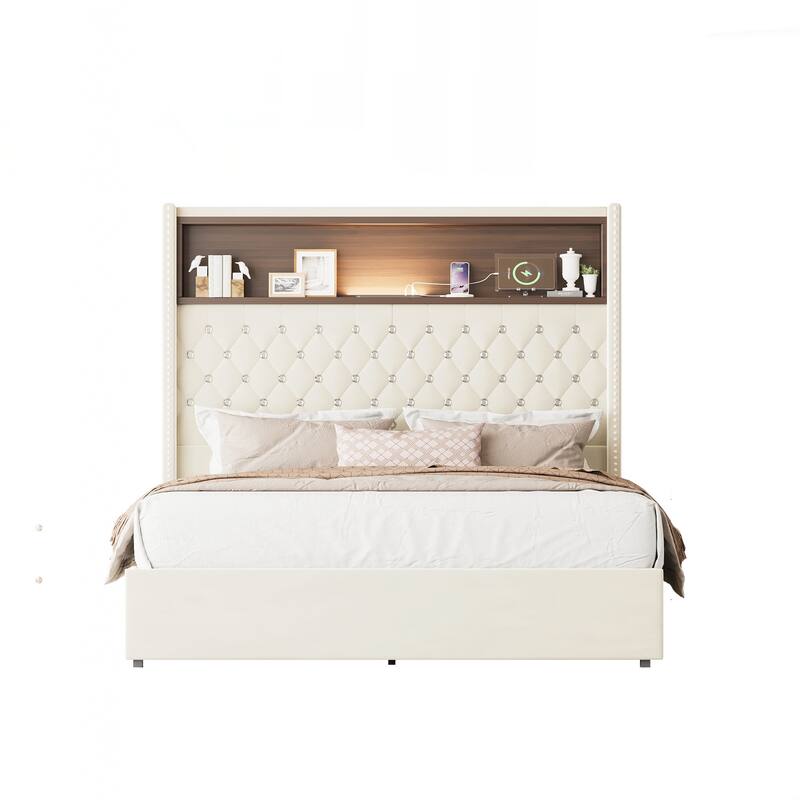 Full Size Tufted Soft Bed Frame with USB Port and Night Light