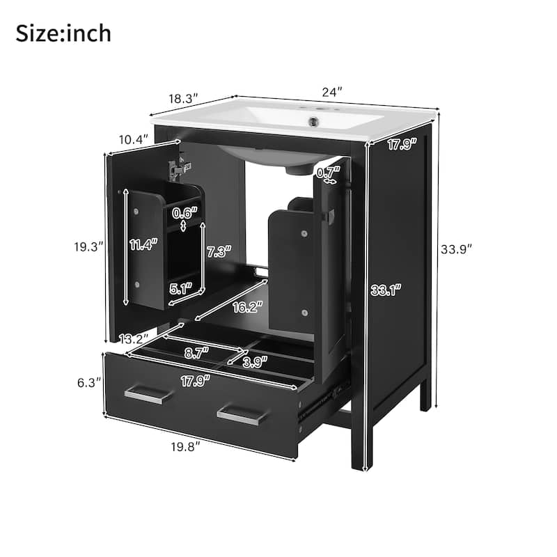 24" Bathroom Vanity with Ceramic Undermount Sink, 2 Doors, 1 Drawer, Soft-Close, Adjustable Shelf