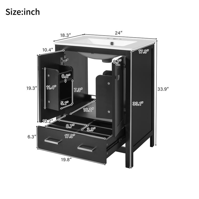 24-inch bathroom vanity with integrated undermount basin and a storage cabinet featuring 2 doors and 1 drawer.