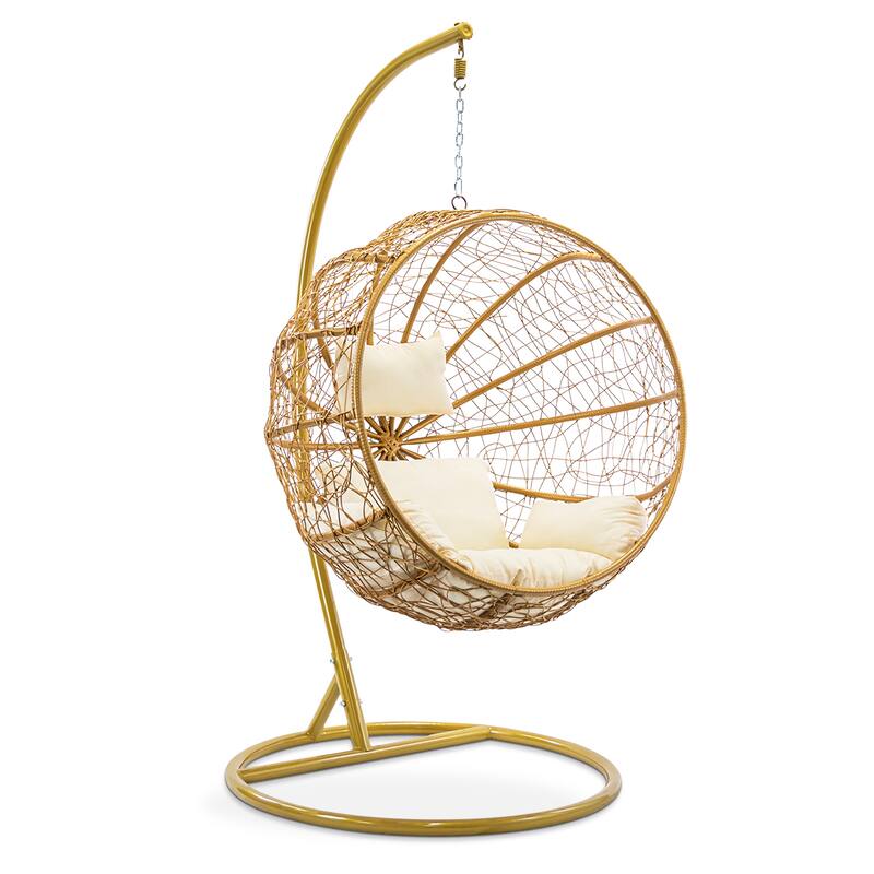 Modern Outdoor Gold Wicker Double Hanging Egg Swing Chair