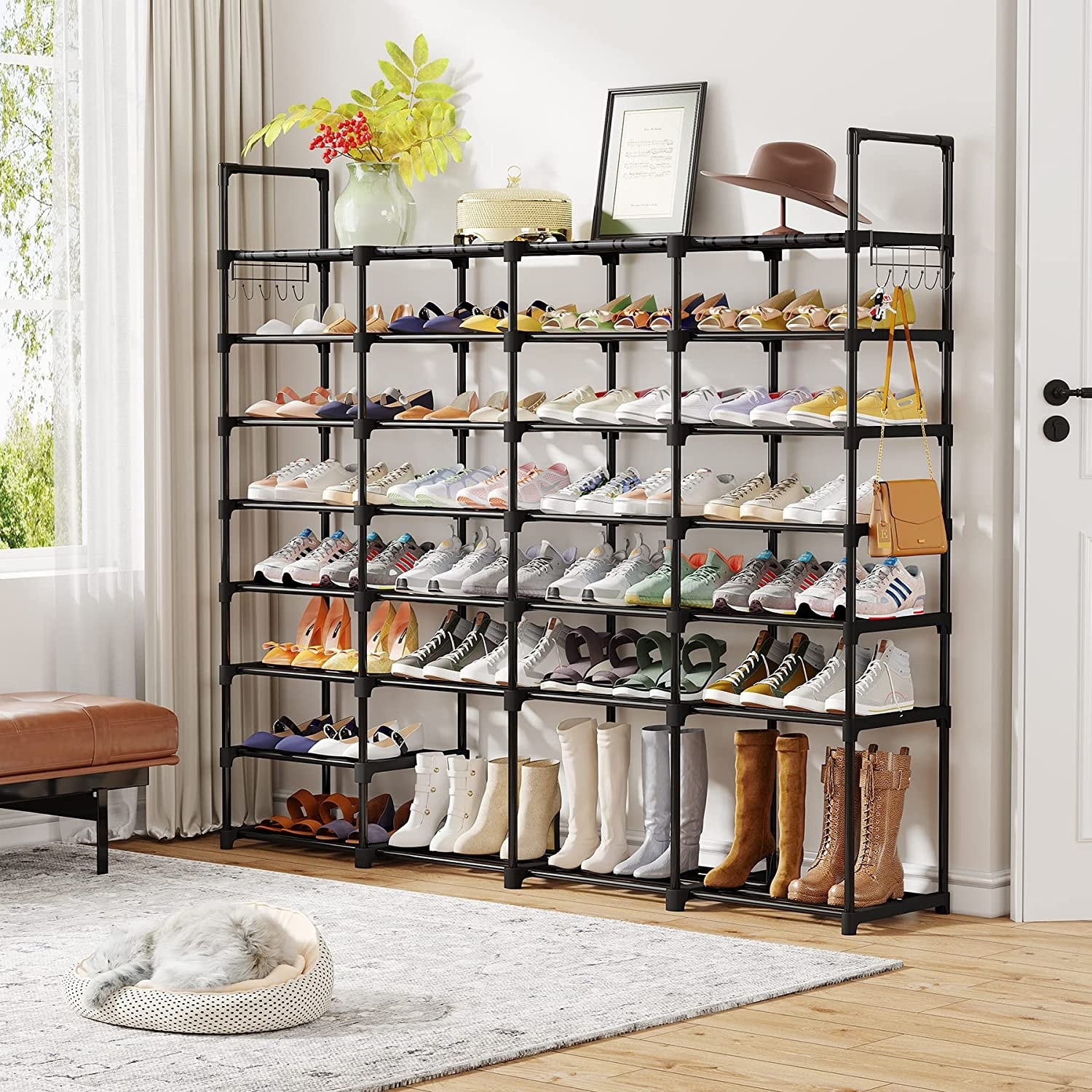 Metal Shoe Rack 8-Tier Storage Shelf with Hooks, Entryway Shoe Rack 50-58  Pairs