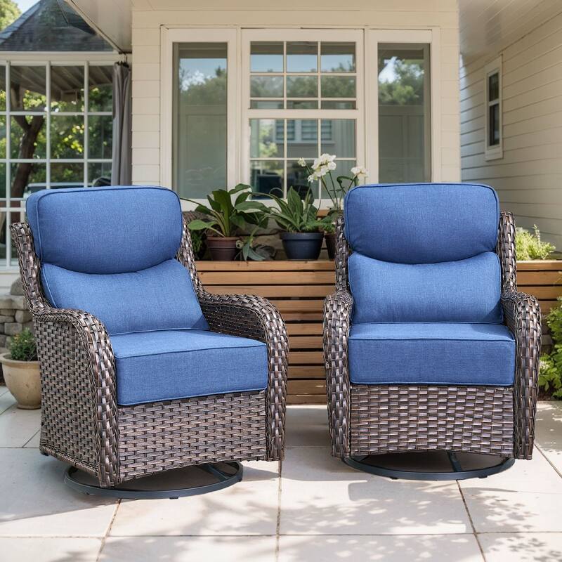 Arcadia Wicker Patio Swivel Glider Chairs with 6-Inch Cushions (2-Pack) - Navy Blue Cushions - Brown Wicker