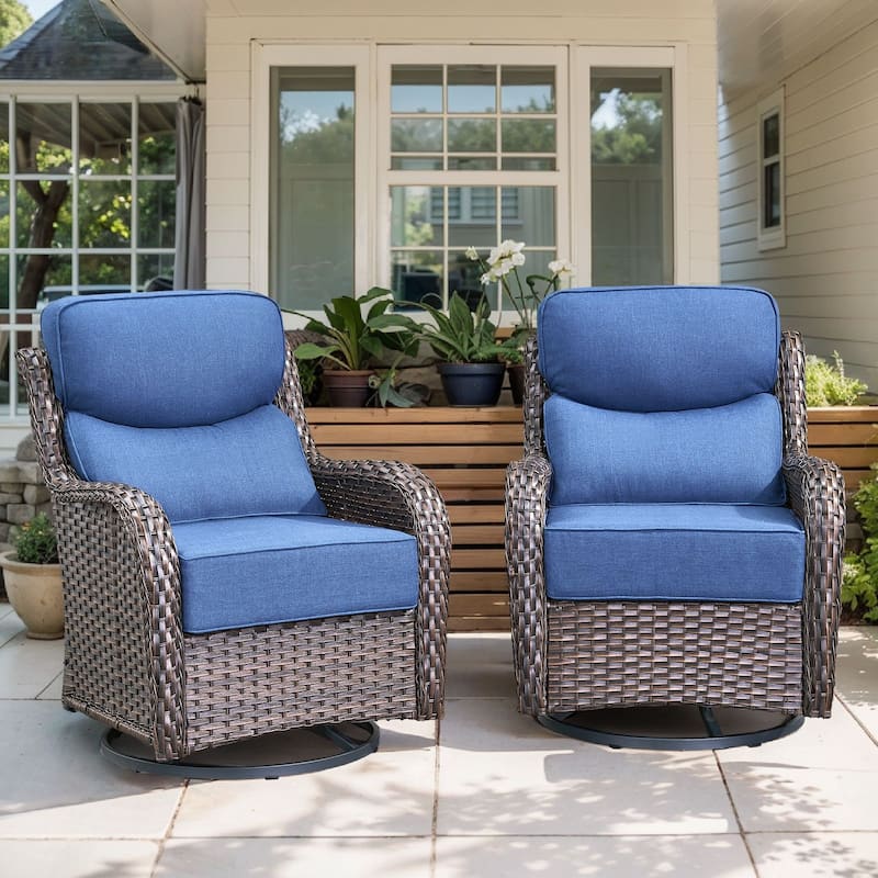 Gymojoy Patio Swivel Glider Chair Set with 6" Ultra-Plush Cushions - Waterproof Olefin Fabric, All-Weather Rattan - Brown Wicker / Blue Cusion - 2-Piece