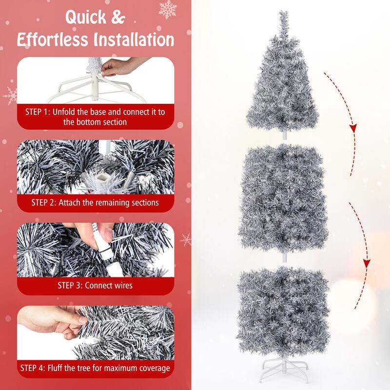 Gymax 7ft Pre-Lit Artificial Christmas Tree Hinged Slim Pencil Xmas