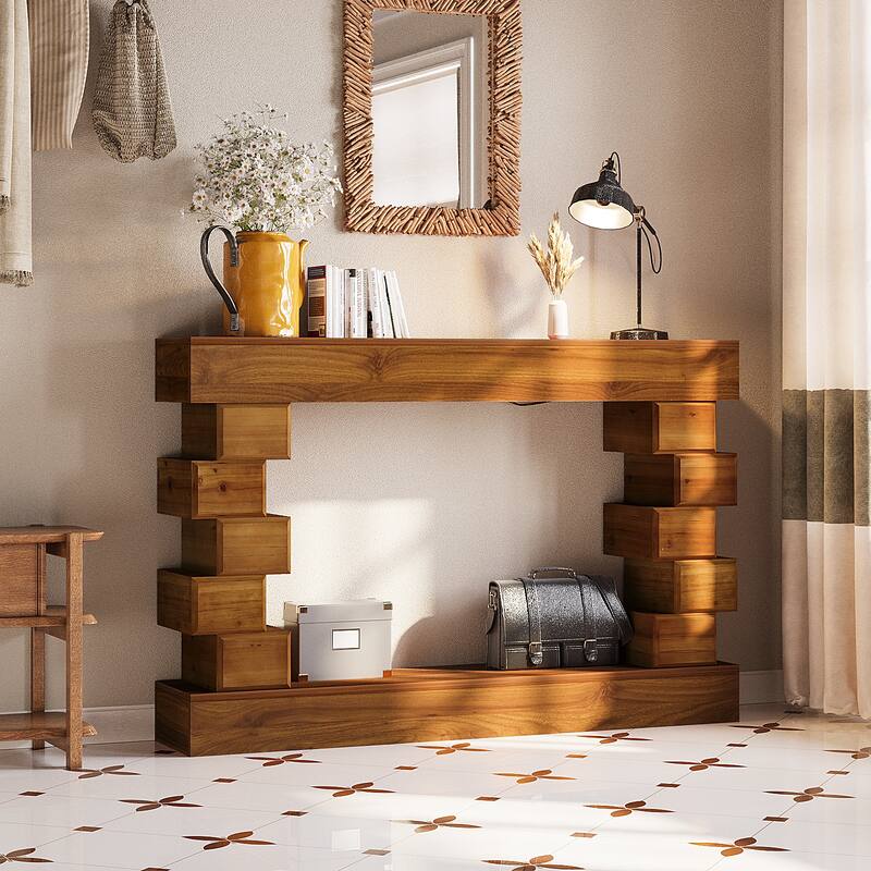 Geometric Block Stacked Wood Console Table with Warm Natural Finish