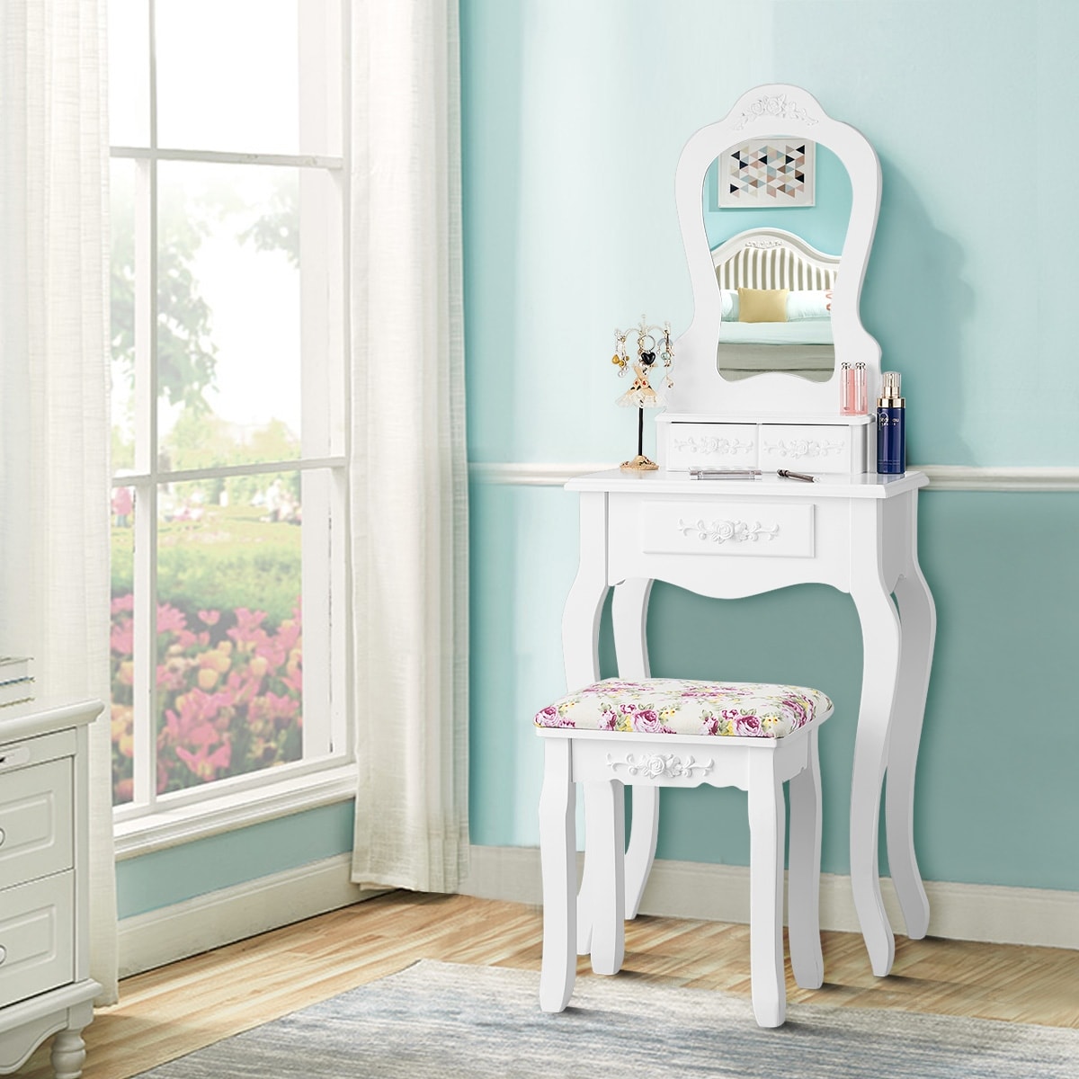 Vanity Table Mirror Modern Dressing Desk with Drawers Cushioned
