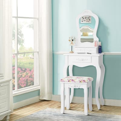 Vanity Table Mirror Modern Dressing Desk with Drawers Cushioned Stool
