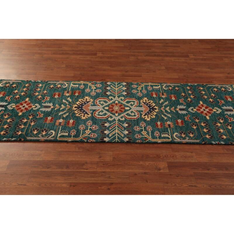 All-Over Green Kazak Indian Runner Rug Handmade Wool Carpet - 2'6"x 9'11"