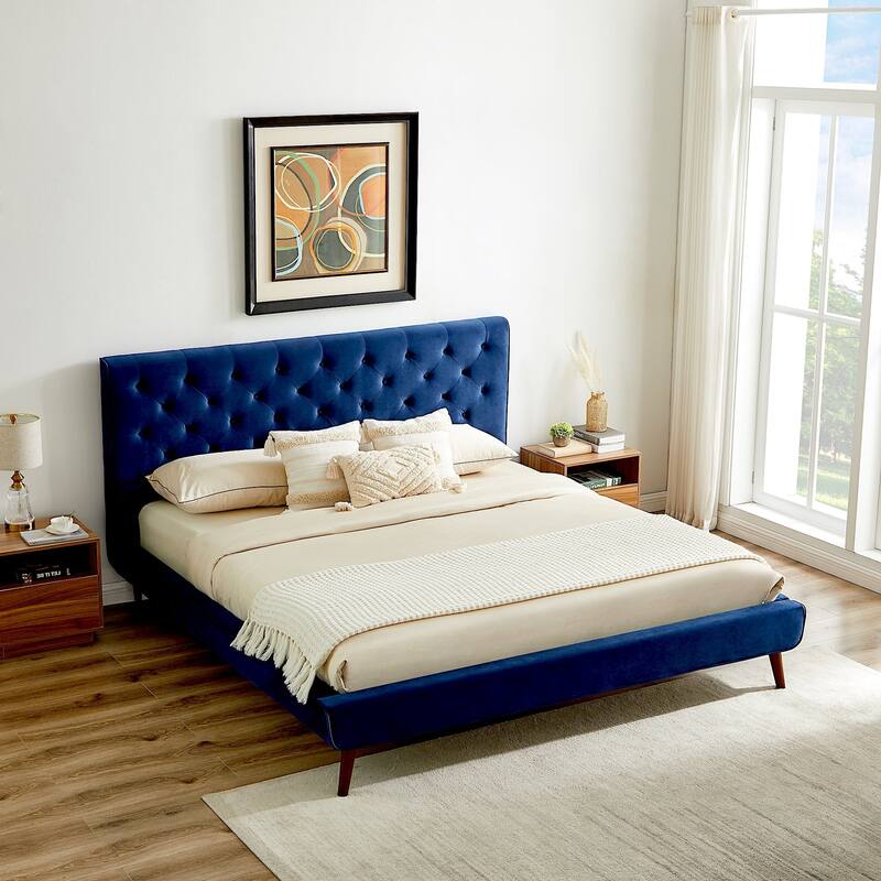 Queen Size Velvet Mid-Century Platform Bed with Tufted Headboard and Solid Wood Frame - Blue
