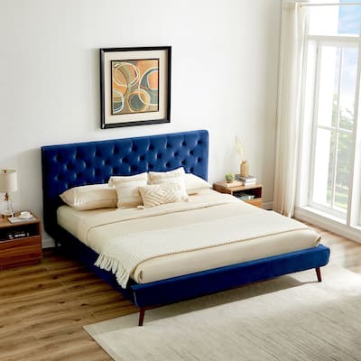 Queen Size Velvet Mid-Century Platform Bed with Tufted Headboard and Solid Wood Frame