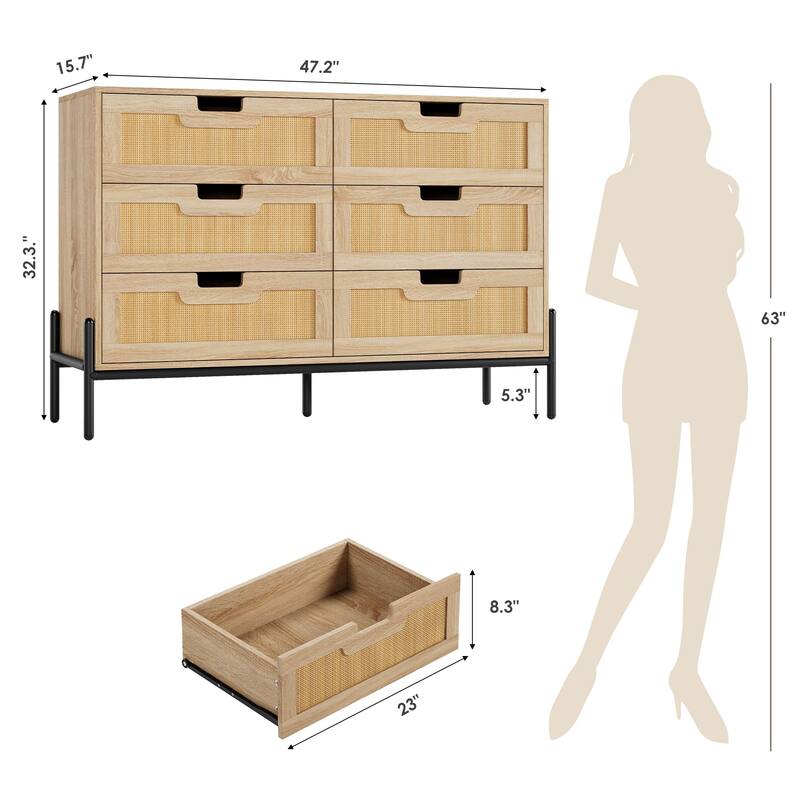5/6 Drawer Dresser for Bedroom, Natural Rattan Modern Wooden Dresser, Farmhouse Storage Cabinet Chest