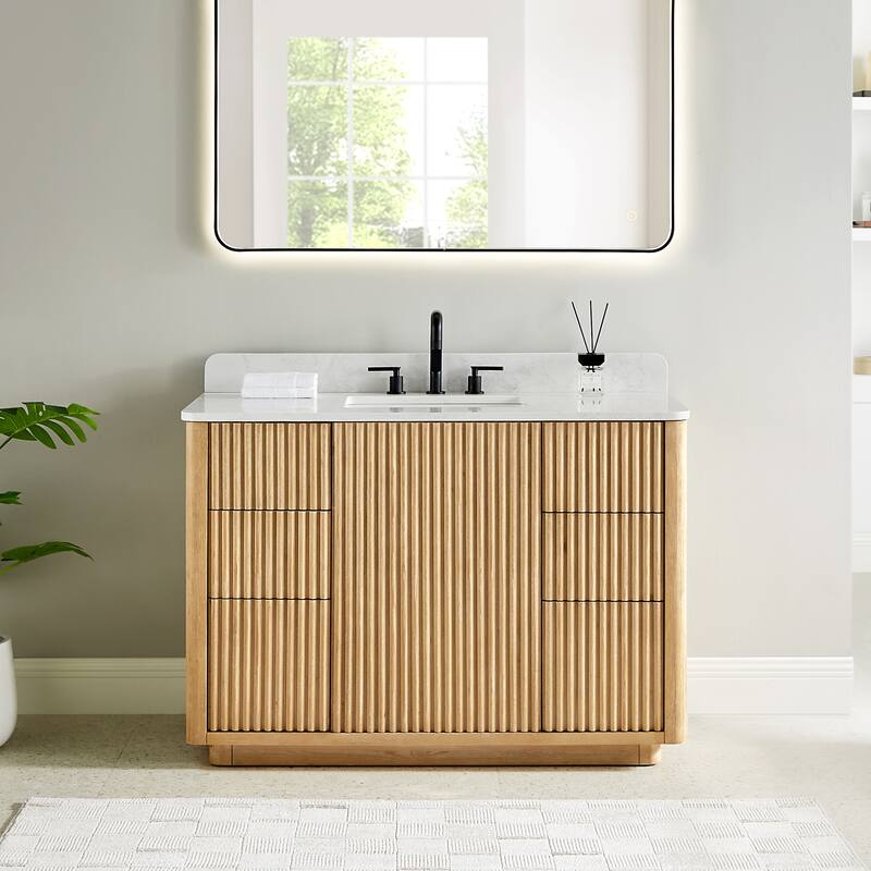 Clayton Bathroom Vanity in Washed Light Brown with Grain White Engineered Stone Countertop without Mirror