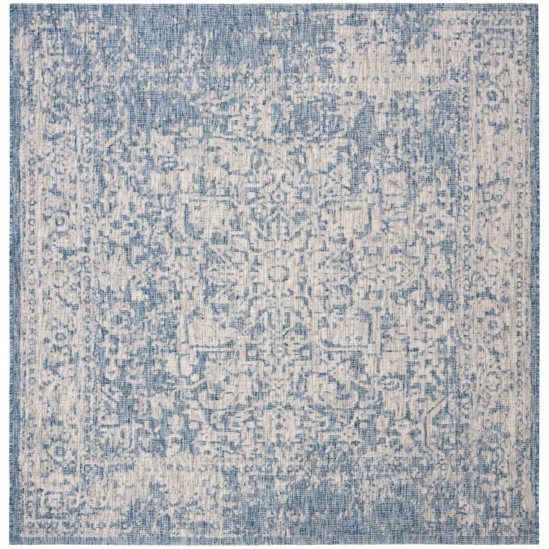 SAFAVIEH Courtyard Gunsel Outdoor Waterproof Patio Backyard Rug - 6'7" Square - Navy/Grey