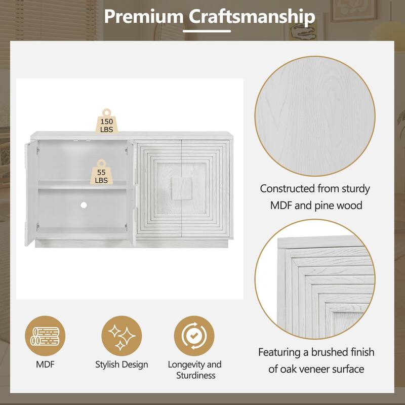 4 Door Classic Geometric Patterned Sideboard Cabinet with Adjustable Storage and Cable Management for Versatile Home Use