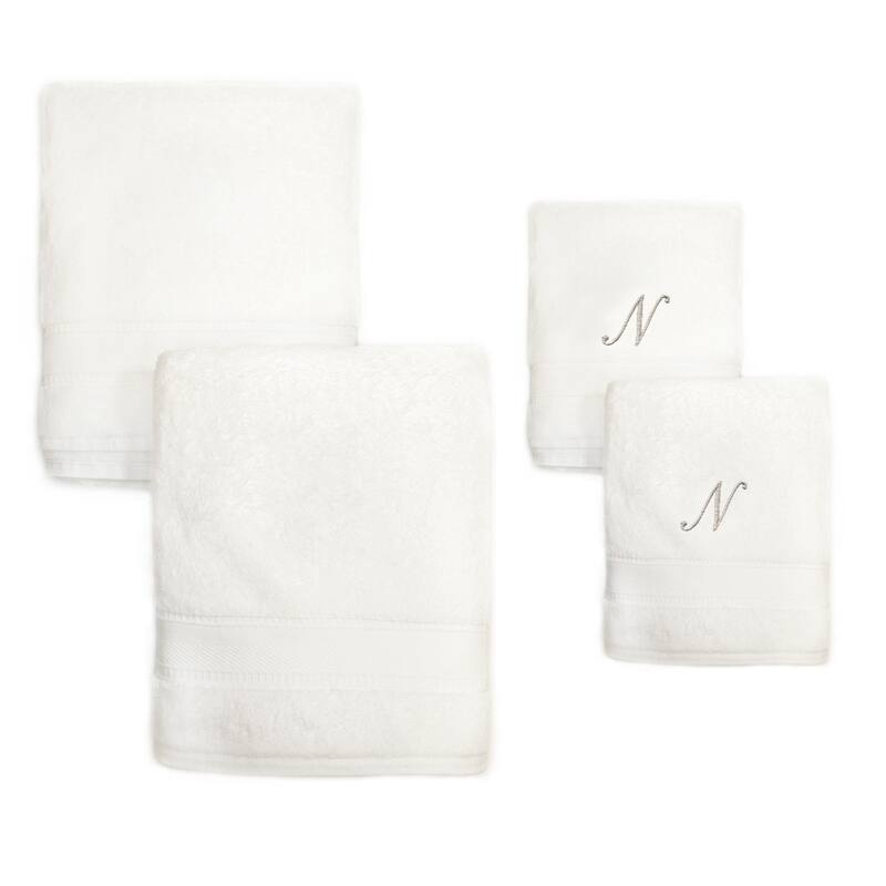 Authentic Hotel and Spa 4-piece White Turkish Cotton Towel Set with Silver Script Monogrammed Initial - White - N