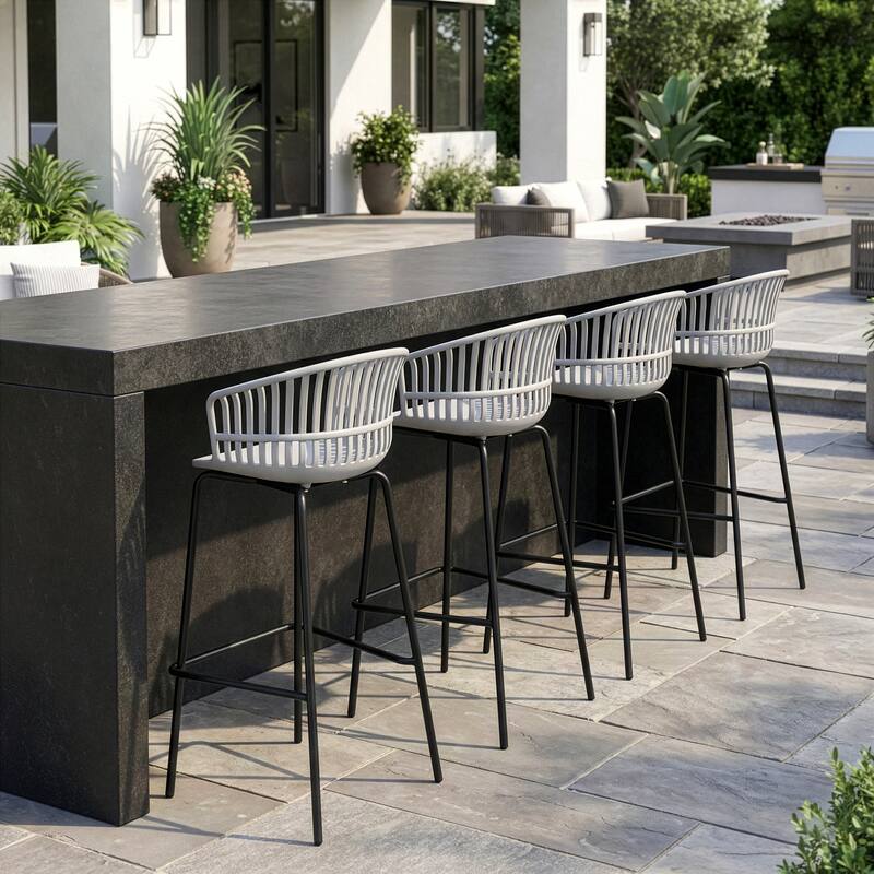 Set of 2 Basil Gray Plastic Barstools with Slatted Back and Iron Legs