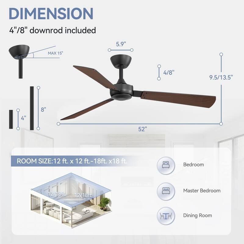 2 Set 52-inch Reversible 3-Blade Ceiling Fan No Light with Remote