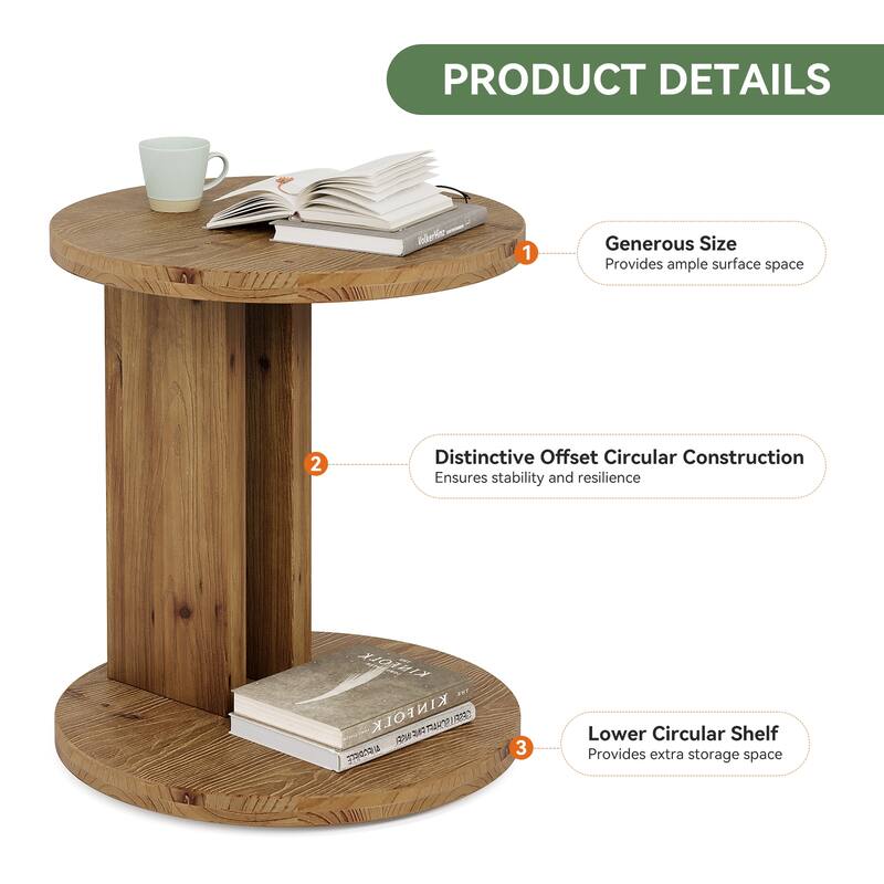 19.68" Round C-Shaped Solid Wood Nightstand