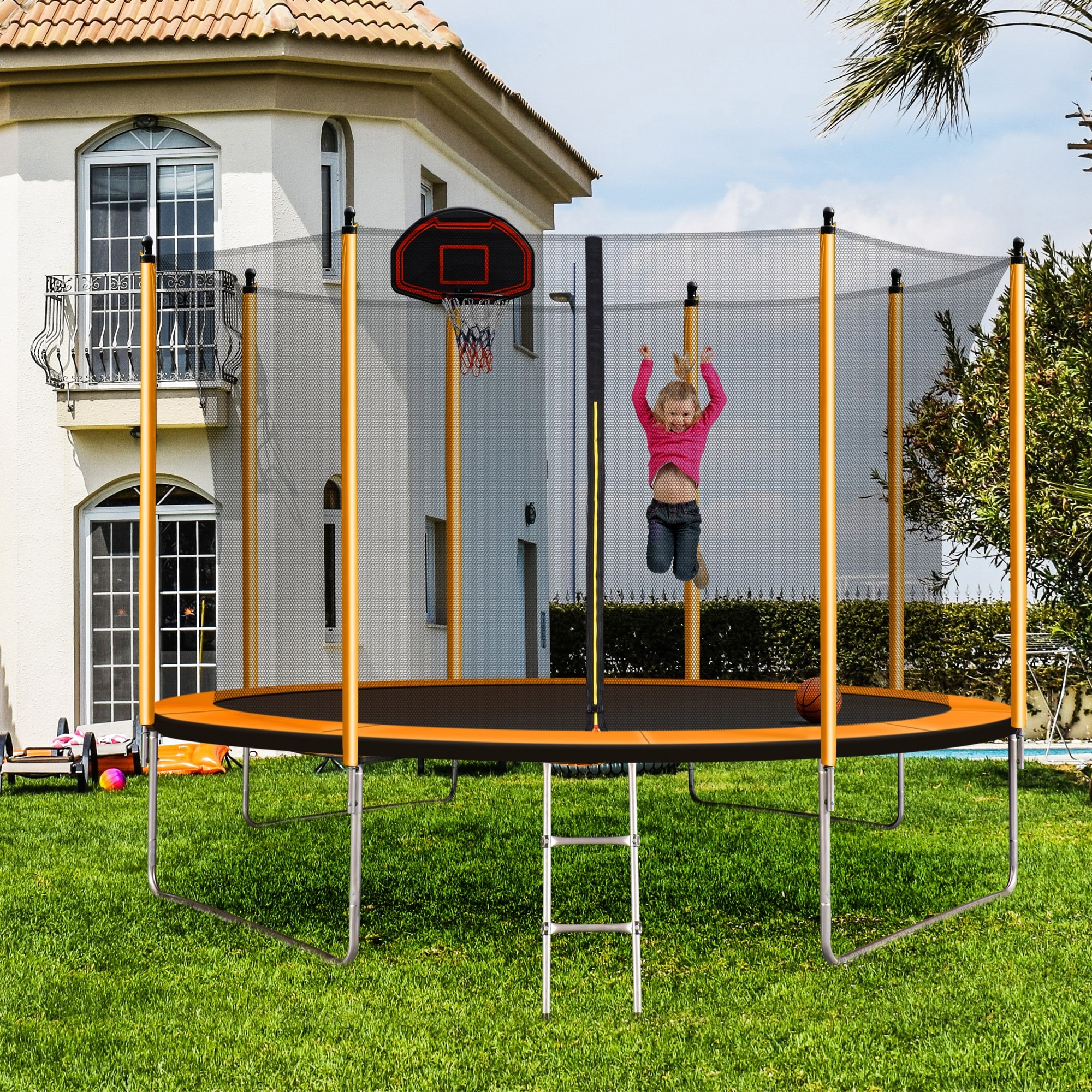 10FT Trampoline with Basketball Hoop Inflator and Ladder Inner Safety Enclosure Kids Family Recreational Trampoline for Backyard Bed Bath Beyond 37888588