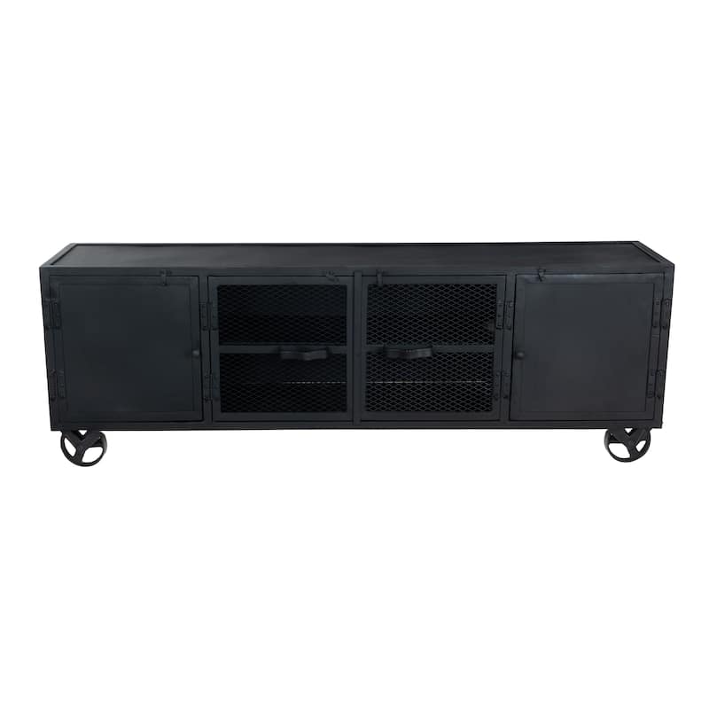 Industrial Black Metal TV Stand - 70.5" Entertainment Console with Storage, Grated Doors & Locking Wheels