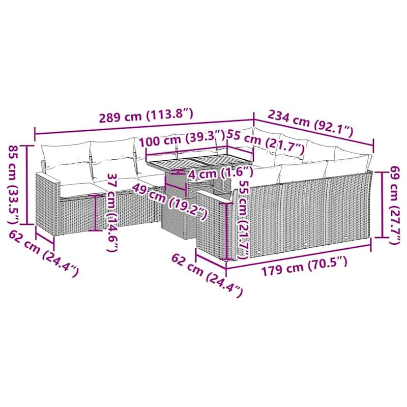 vidaXL Patio Sofa Set with Cushions Table and Sofa Modules 11 Piece Poly Rattan - 21.7 x 24.4 x 27.2