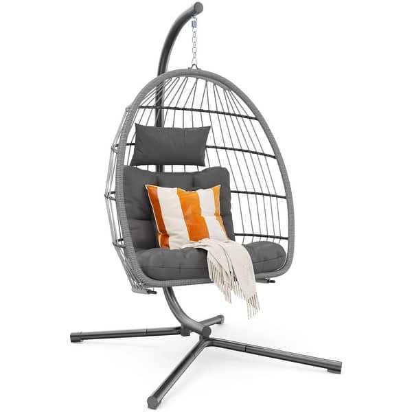 slide 2 of 7, Hanging Egg Swing Chair with Stand, Patio Wicker Hammock Egg Swing with Cushion - 39x39x77in Grey