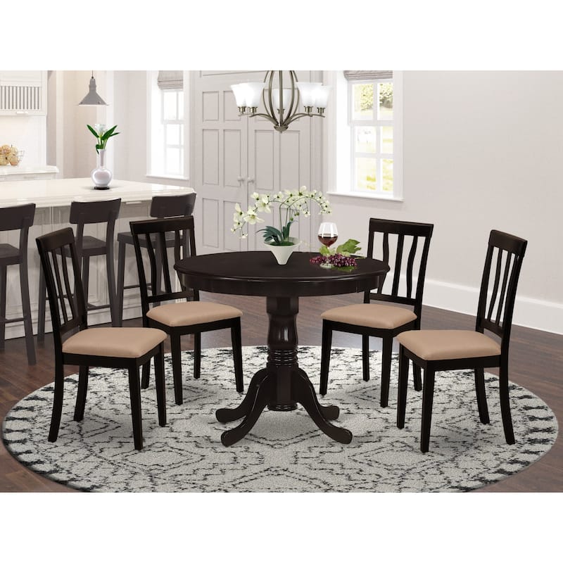 East West Furniture 5 Piece Kitchen Table Set Includes a Round Dining Room Table and 4 Dining Chairs, Cappuccino (Seat Options) - ANTI5-CAP-C