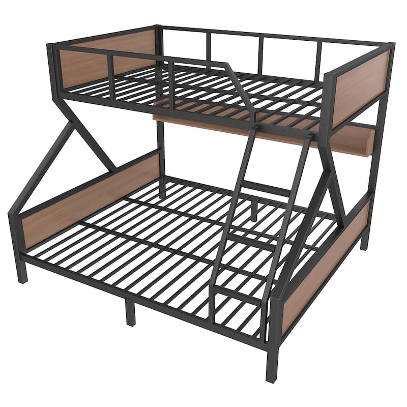 Queen over King/Queen over Full Metal Bunk Bed with Storage Shelves & Lights