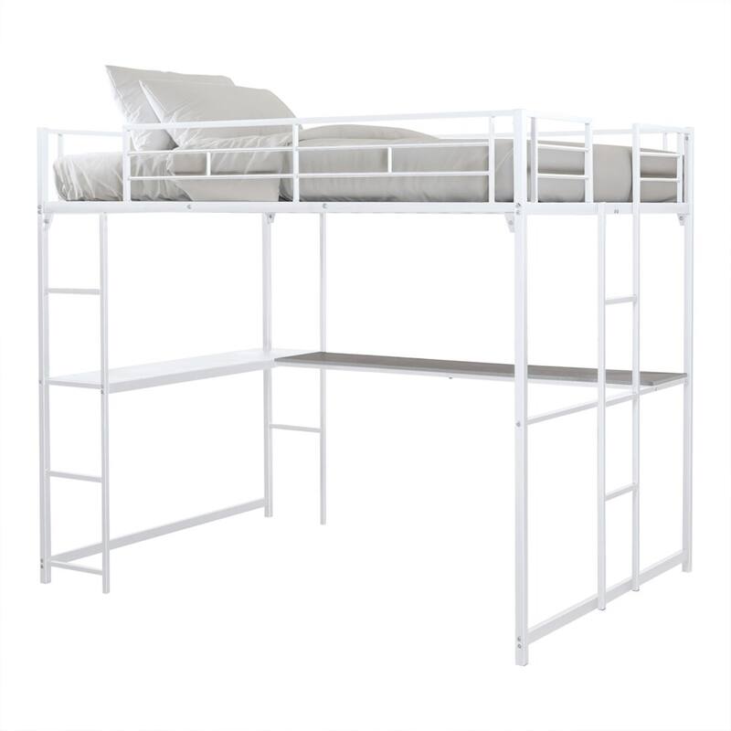 Dexo Twin Loft Bed with Built in Workstation and Ladder, White Metal