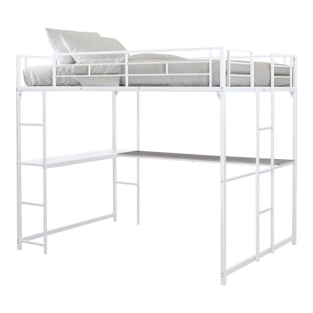 Dexo Twin Loft Bed with Built in Workstation and Ladder, White Metal