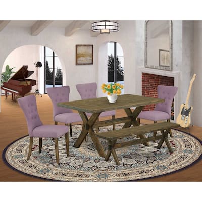 HomeStock 6-Pc Rectangle Distressed Jacobean Finish Solid Wood Top Dining Table with 1-Bench, 4-Chairs