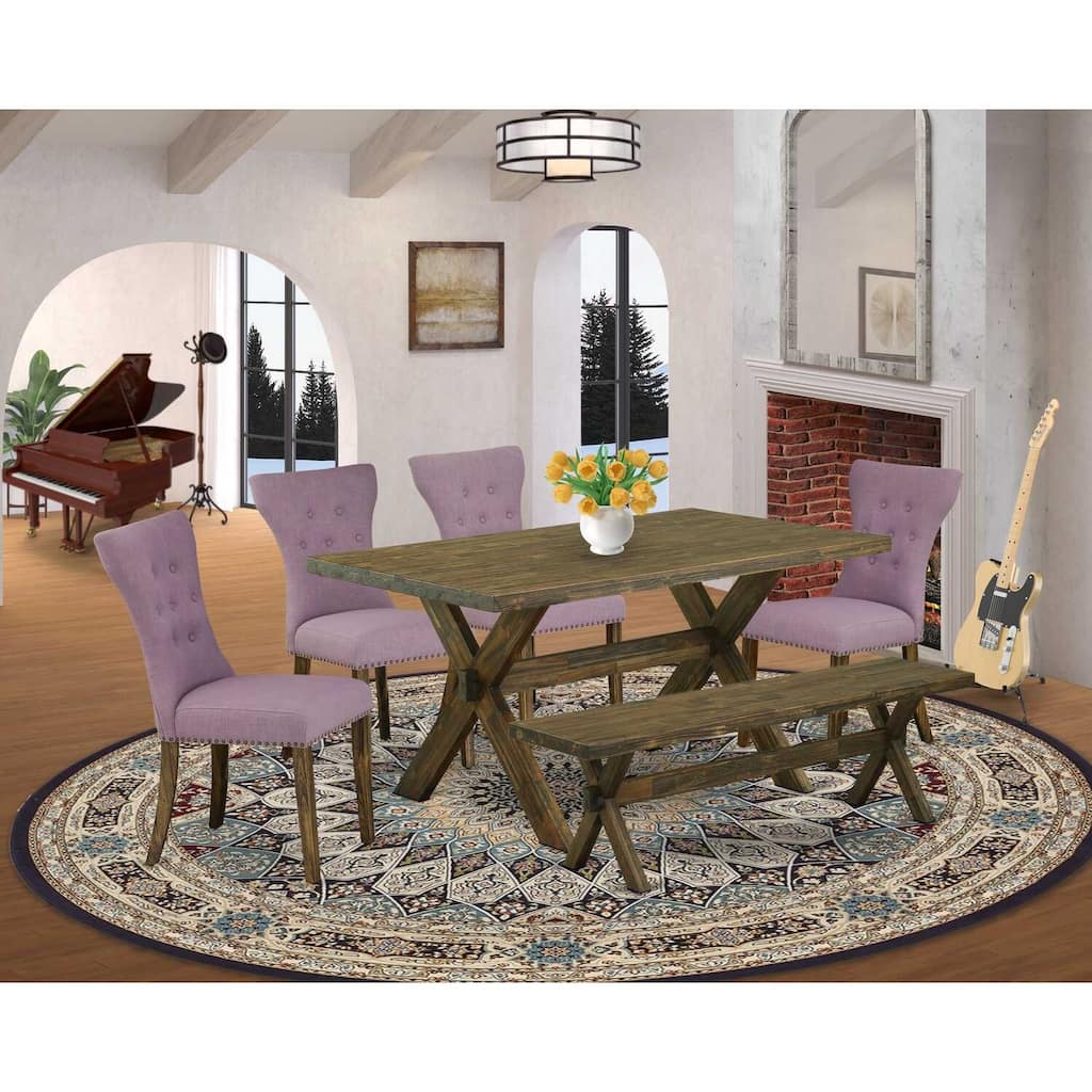 HomeStock 6-Pc Rectangle Distressed Jacobean Finish Solid Wood Top Dining Table with 1-Bench, 4-Chairs