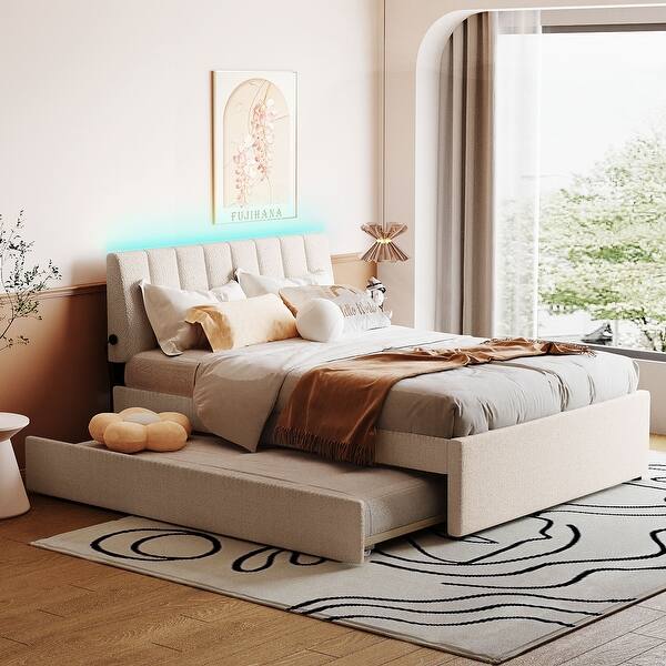 slide 2 of 26, Eye-catching Design Teddy Fleece Upholstered Platform Bed with Twin Trundle, LED Light, Full Size Beige