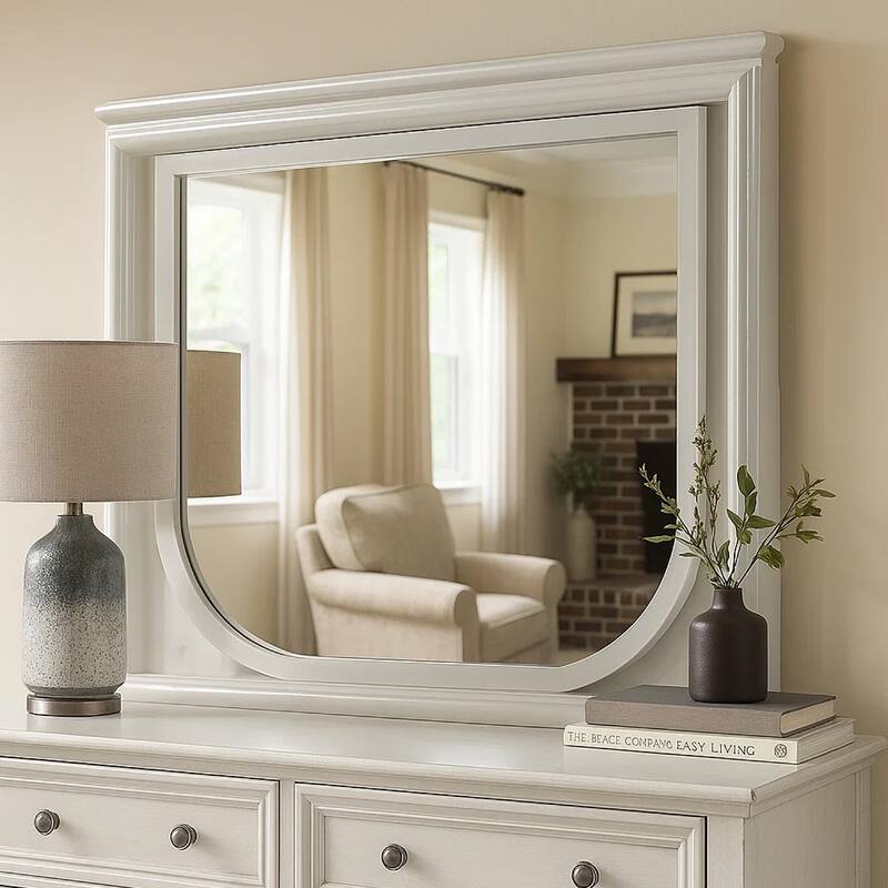 Dima Dresser Mirror, 38 Inch, White Rubberwood, Embossed Panels w LED - Pearl White