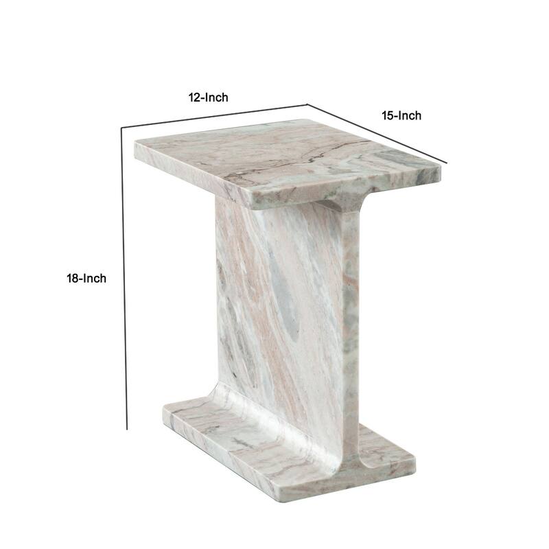 Isy Accent End Table, 15 Inch Natural Tan Brown I-Beam Shaped Marble