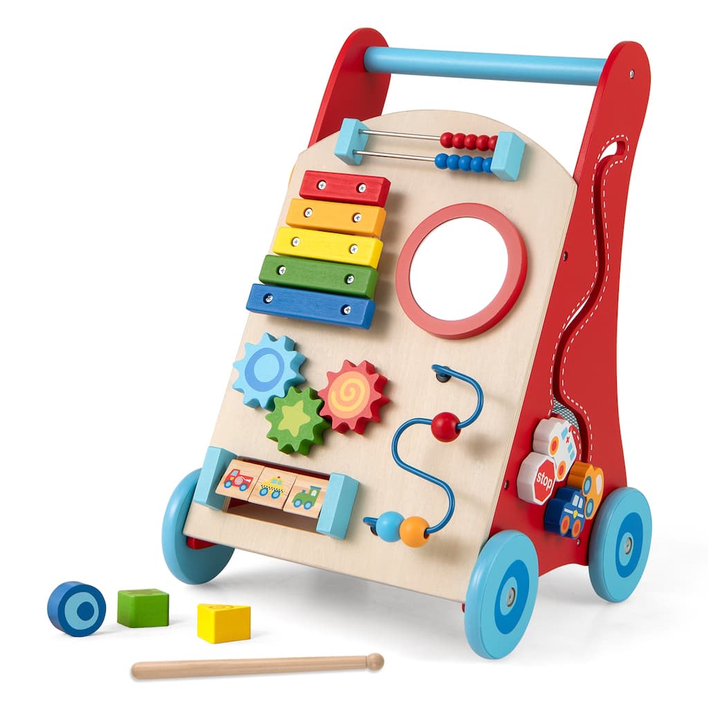 Gymax Wooden Baby Walker Baby Push Walker w/ Handle Storage & Wheels